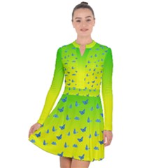 Blue Butterflies At Yellow And Green, Two Color Tone Gradient Long Sleeve Panel Dress by Casemiro