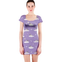 Pug Dog On A Cloud Short Sleeve Bodycon Dress by SychEva