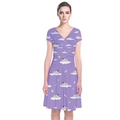 Pug Dog On A Cloud Short Sleeve Front Wrap Dress by SychEva