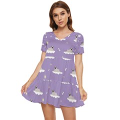 Cheerful Pugs Lie In The Clouds Tiered Short Sleeve Mini Dress by SychEva