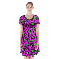 Pink And Green Leopard Spots Pattern Short Sleeve V-neck Flare Dress by Casemiro