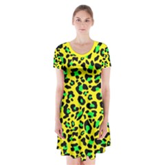 Yellow And Green, Neon Leopard Spots Pattern Short Sleeve V-neck Flare Dress by Casemiro
