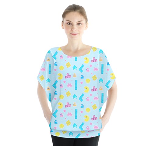 Arcade Dreams Blue  Batwing Chiffon Blouse by thePastelAbomination