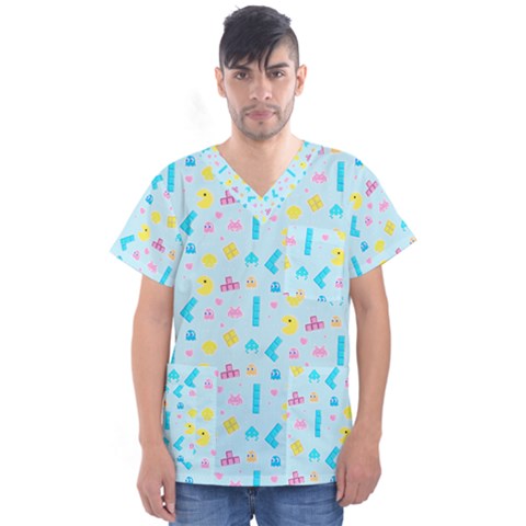 Arcade Dreams Blue  Men s V-neck Scrub Top by thePastelAbomination