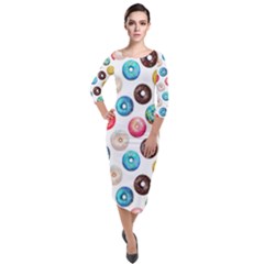 Delicious Multicolored Donuts On White Background Quarter Sleeve Midi Velour Bodycon Dress by SychEva