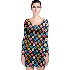 Multicolored Donuts On A Black Background Long Sleeve Bodycon Dress by SychEva