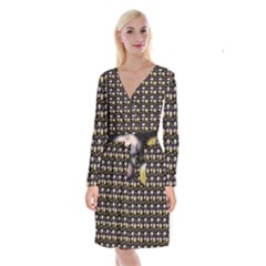 Shiny Pumpkins On Black Background Long Sleeve Velvet Front Wrap Dress by SychEva