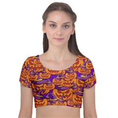 Purple And Orange Pumpkins, Crazy Halloween Pattern, Jack O  Lantern Velvet Short Sleeve Crop Top  by Casemiro