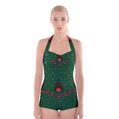 Halloween Pumkin Lady In The Rain Boyleg Halter Swimsuit  by pepitasart