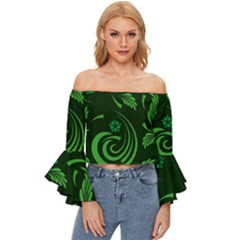 Folk Flowers Print Floral Pattern Ethnic Art Off Shoulder Flutter Bell Sleeve Top by Eskimos