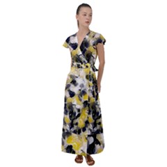 Black, Gray And Yellow Swirls Flutter Sleeve Maxi Dress by Khoncepts