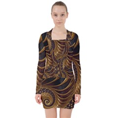 Shell Fractal In Brown V-neck Bodycon Long Sleeve Dress by SomethingForEveryone