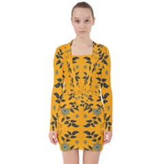 Floral Folk Damask Pattern Fantasy Flowers Floral Geometric Fantasy V-neck Bodycon Long Sleeve Dress by Eskimos