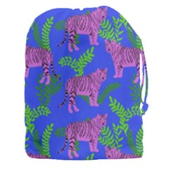 Pink Tigers On A Blue Background Drawstring Pouch (3xl) by SychEva