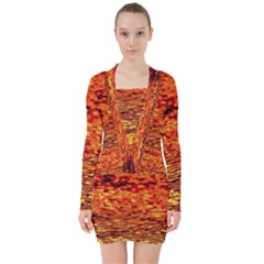 Red Waves Flow Series 2 V-neck Bodycon Long Sleeve Dress by DimitriosArt