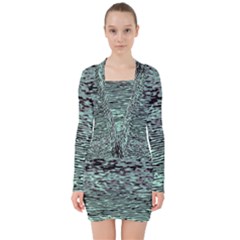 Blue Waves Flow Series 5 V-neck Bodycon Long Sleeve Dress by DimitriosArt
