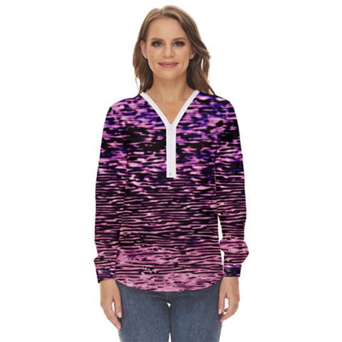 Purple  Waves Abstract Series No2 Zip Up Long Sleeve Blouse by DimitriosArt