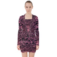 Pink  Waves Flow Series 11 V-neck Bodycon Long Sleeve Dress by DimitriosArt