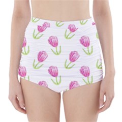 Tulips Watercolor Pattern High-waisted Bikini Bottoms by Littlebird