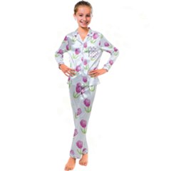 Tulips Watercolor Pattern Kid s Satin Long Sleeve Pajamas Set by Littlebird