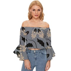 Folk Flowers Print Floral Pattern Ethnic Art Off Shoulder Flutter Bell Sleeve Top by Eskimos