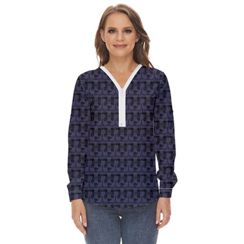 Fu Manchu Zip Up Long Sleeve Blouse by Sparkle
