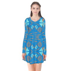 Floral Folk Damask Pattern Fantasy Flowers  Long Sleeve V-neck Flare Dress by Eskimos