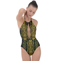 Fanciful Fantasy Flower Forest Plunge Cut Halter Swimsuit by pepitasart