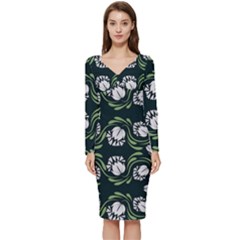 Folk Flowers Print Floral Pattern Ethnic Art Long Sleeve V-neck Bodycon Dress  by Eskimos