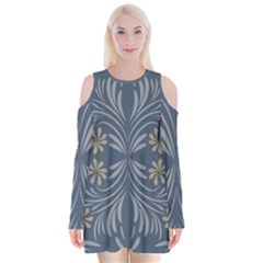 Folk Flowers Print Floral Pattern Ethnic Art Velvet Long Sleeve Shoulder Cutout Dress by Eskimos