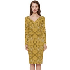 Folk Flowers Print Floral Pattern Ethnic Art Long Sleeve V-neck Bodycon Dress  by Eskimos