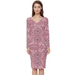 Folk Flowers Print Floral Pattern Ethnic Art Long Sleeve V-neck Bodycon Dress  by Eskimos