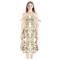 Folk Flowers Print Floral Pattern Ethnic Art Shoulder Tie Bardot Midi Dress by Eskimos