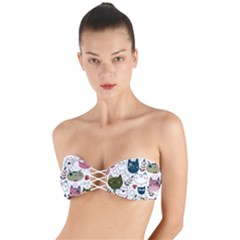 Pattern With Cute Cat Heads Twist Bandeau Bikini Top by Jancukart