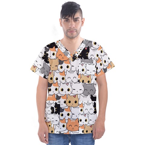 Cute-cat-kitten-cartoon-doodle-seamless-pattern Men s V-neck Scrub Top by Jancukart