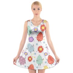 Easter Seamless Pattern With Cute Eggs Flowers V-neck Sleeveless Dress by Jancukart