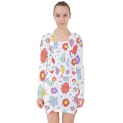 Easter Seamless Pattern With Cute Eggs Flowers V-neck Bodycon Long Sleeve Dress by Jancukart