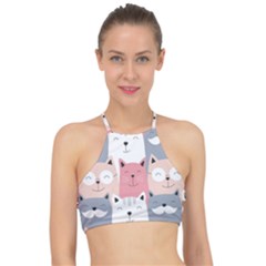Cute Seamless Pattern With Cats Racer Front Bikini Top by Jancukart