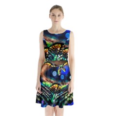 Peacock Feather Drop Sleeveless Waist Tie Chiffon Dress by artworkshop