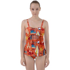 Seamless-pattern-vector-beach-holiday-theme-set Twist Front Tankini Set by Jancukart