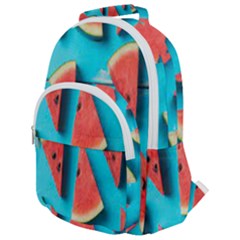 Watermelon Blue Background Rounded Multi Pocket Backpack by artworkshop