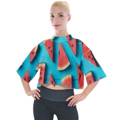 Watermelon Blue Background Mock Neck Tee by artworkshop
