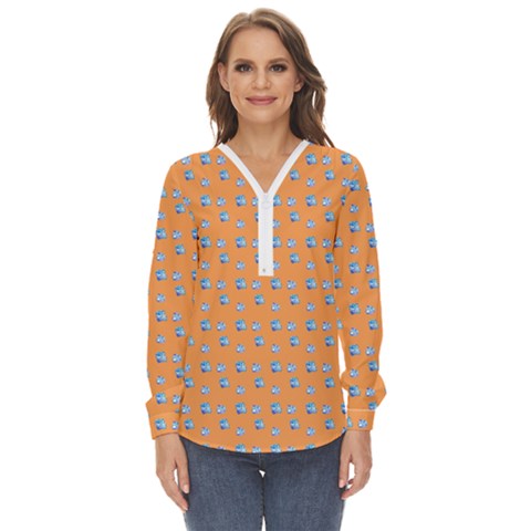 Floral Art Zip Up Long Sleeve Blouse by Sparkle