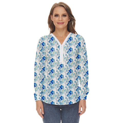 Flowers Pattern Zip Up Long Sleeve Blouse by Sparkle
