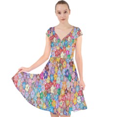 Floral Flowers Cap Sleeve Front Wrap Midi Dress by artworkshop