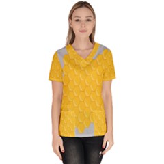 Hexagons Yellow Honeycomb Hive Bee Hive Pattern Women s V-neck Scrub Top by artworkshop