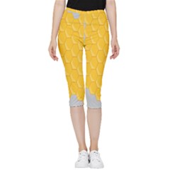 Hexagons Yellow Honeycomb Hive Bee Hive Pattern Inside Out Lightweight Velour Capri Leggings  by artworkshop