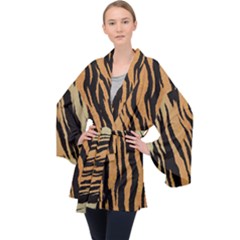 Tiger Animal Print A Completely Seamless Tile Able Background Design Pattern Long Sleeve Velvet Kimono  by Amaryn4rt