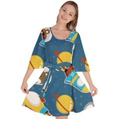 Seamless-pattern-vector-with-spacecraft-funny-animals-astronaut Velour Kimono Dress by Jancukart