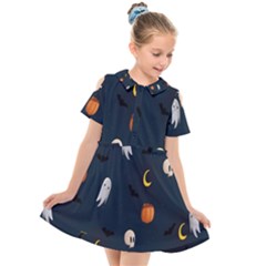 Halloween Ghost Pumpkin Bat Skull Kids  Short Sleeve Shirt Dress by artworkshop